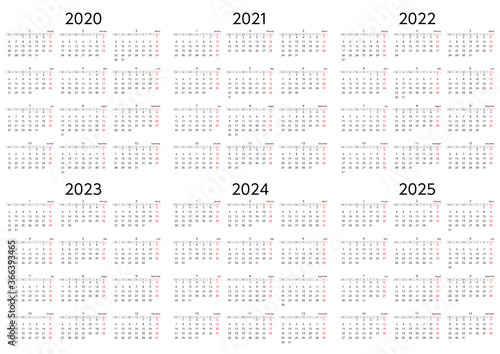 2020年から2025年の月曜始まり6年カレンダー
