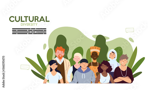 Women and men cartoons of cultural diversity with leaves vector design