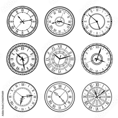 Vintage clock faces, vector retro watch dials signs. Ornate watchface with clock hands, roman numerals and antique ornament design. Elegant classic hour time symbols, isolated monochrome icons set