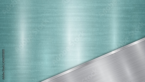 Background consisting of a light blue shiny metallic surface and one polished silver plate located in corner, with a metal texture, glares and burnished edge