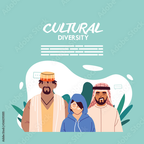 Men cartoons of cultural diversity with leaves vector design