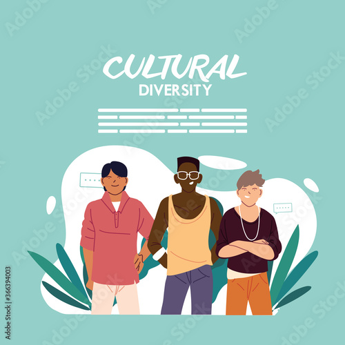 Men cartoons of cultural diversity with leaves vector design