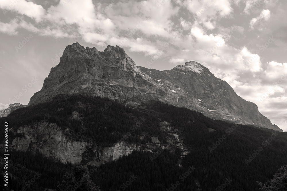 Retro sepia view of the North face of the Eiger mountain of the Bernese Alps, Grindelwald, Switzerland