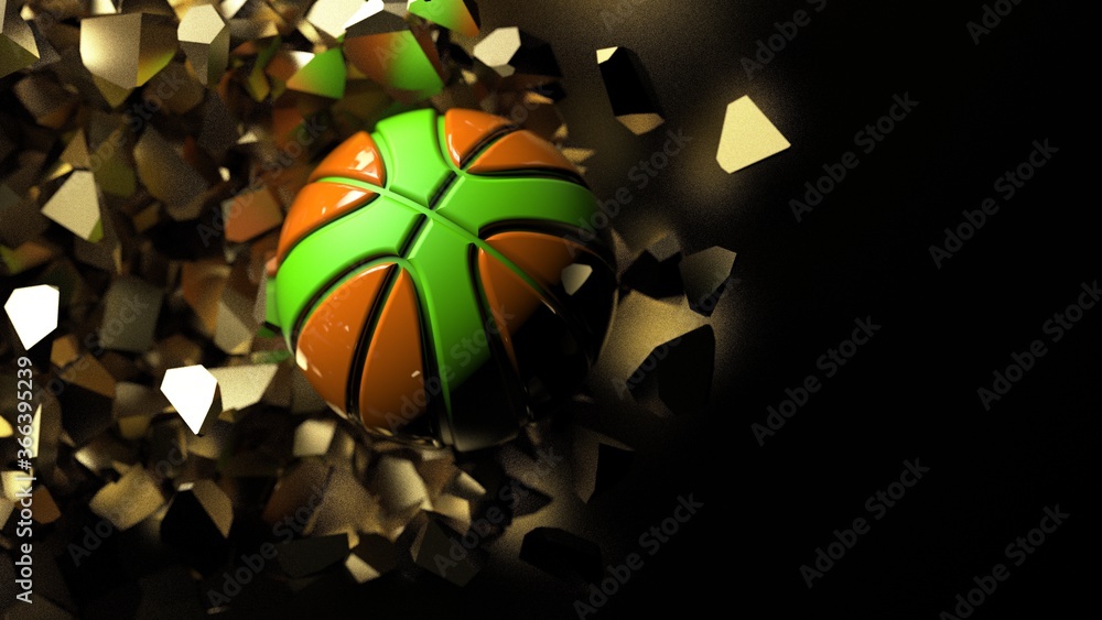 Orange-green Basketball ball on cracked golden wall under spot lighting background. 3D illustration. 3D high quality rendering. 3D CG.