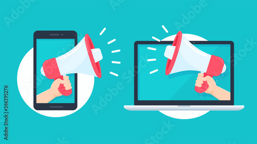 Megaphone reaching out from the smartphone and laptop screen to shout alerts for product promotions.