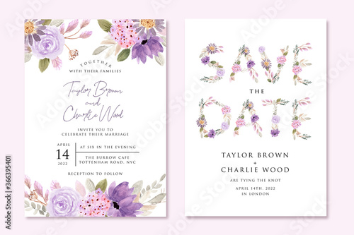 wedding invitation and save the date card with purple flower watercolor