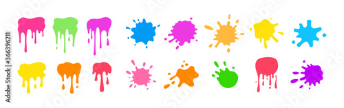 Paint splash shape colorful set. Round ink splatter flat collection  decorative shapes liquids. Grunge splashes  drops  spatters cartoon style. Stain colored collection. Isolated vector illustration