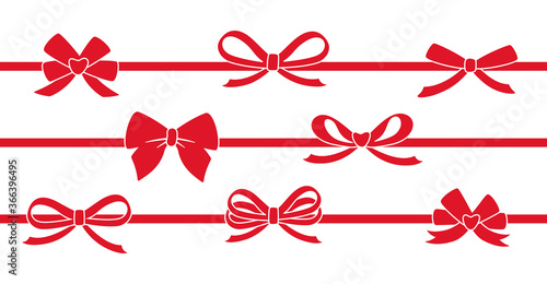 Ribbon red decorated with bows silhouette set. Valentine day, wedding or Christmas decorated tape bows. Cartoon design elements for present, celebration, congratulation. Isolated vector illustration