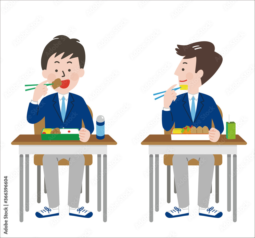 席を並べてお弁当を食べる男子学生2人