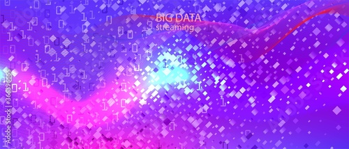 Lightning Tech Vector Wallpaper. Cyber Futuristic Slide. Matrix Falling Binary Code. Blue Purple Pink Background. Technology 