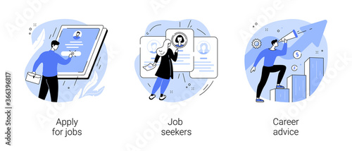 HR service abstract concept vector illustration set. Apply for job, job seekers, career advice, hiring, start career, search for work, employee profile, corporate website, menu bar abstract metaphor.