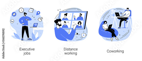 Job opportunity abstract concept vector illustration set. Executive jobs, distance working, coworking, professional growth, online team meeting, shared office space, collaboration abstract metaphor.