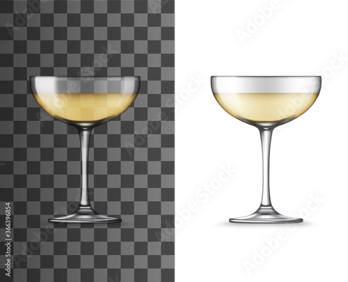 White wine glass or champagne coupe realistic vector mockup. Glass of sparkling wine alcohol drink isolated on transparent background, 3d glassware and tableware design for bar, winery or restaurant photo