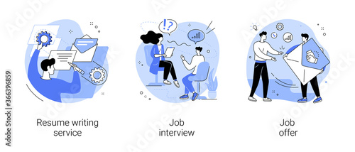 Employment process abstract concept vector illustration set. Resume writing service, job interview, job offer, CV online, cover letter, candidate profile, recruiter, hiring manager abstract metaphor.