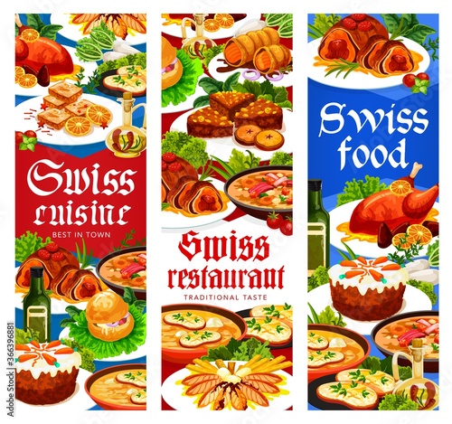 Swiss food cuisine restaurant menu vector banners. Gingerbread leckerli, chicken in dough, duck with orange, bread and carrot cakes. Swiss pearl barley soup, veal roll dishes, meat and pastry desserts