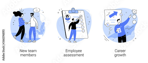 Career development abstract concept vector illustration set. New team members, employee assessment, career growth, performance review, SWOT analysis, job position, project team abstract metaphor.