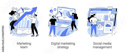 Digital marketing strategy abstract concept vector illustration set. Marketing team, social media management, SMM, brand insight, campaign strategy development, online channels abstract metaphor.