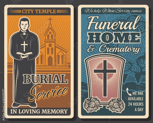 Funeral or burial service retro posters with vector death grave, cemetery tombstone and memorial flower wreath, cross, church and priest. Funeral home, crematory and mortuary design