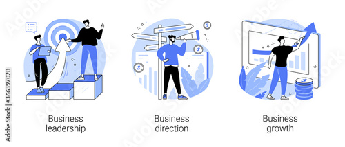 Business strategy abstract concept vector illustration set. Business leadership, direction and growth, goal achievement, planning, vision and setting goals, team investment abstract metaphor.