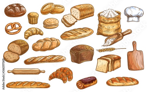 Bread and pastry. Bakery products color isolated sketches. Wheat, rye and pullman bread, baguette and challah, croissant, pretzel, flour, rolling pin and cutting board, chef toque vector icon set