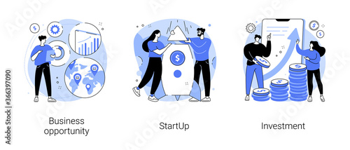 Entrepreneurship abstract concept vector illustration set. Business opportunity, startUp, investment, financial adviser, startup launch, franchising, business venture, mentoring abstract metaphor.