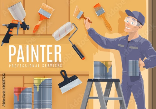 Painter profession vector design of construction industry, house repair or painting service. Cartoon painter painting wall with paint cans, brushes, roller, air spray gun, trowel and step ladder