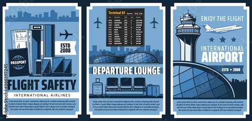 Airport, departure terminal and security control vector banners of air travel, passenger transportation. Airline airplane, traffic tower, tickets, passport and luggage, security gate and baggage scan