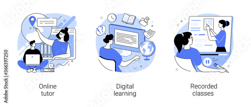 Personal learning abstract concept vector illustration set. Online tutor, digital learning, recorded classes, video call, webinar, smart classroom, training courses, elearning abstract metaphor.