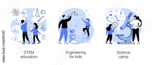 Fun learning activities abstract concept vector illustration set. STEM education, engineering for kids, science camp, technology class, laboratory experiment, early development abstract metaphor.