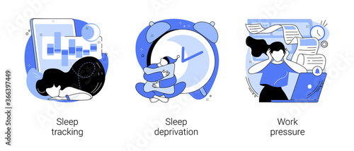 Stress management abstract concept vector illustration set. Sleep tracking and deprivation, work pressure, digital tracker, mental health, chronic anxiety, deadline pressure abstract metaphor.