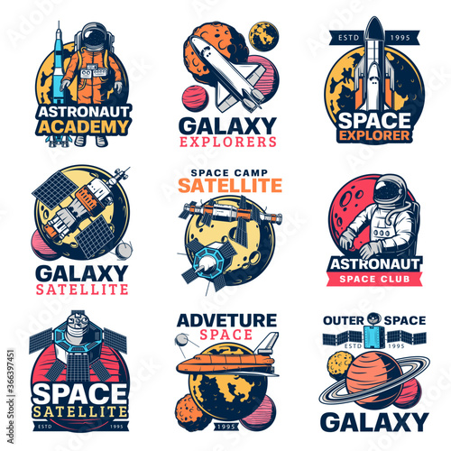 Space astronaut, spaceship and planet vector icons. Galaxy exploration satellite, rocket and spaceman, Moon, Earth and Saturn isolated symbols of space travel and astronomy science
