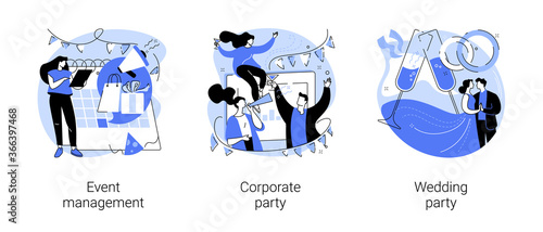 Entertainment service abstract concept vector illustration set. Event management, corporate and wedding party, meeting organizer, planning service, team building, celebration abstract metaphor.