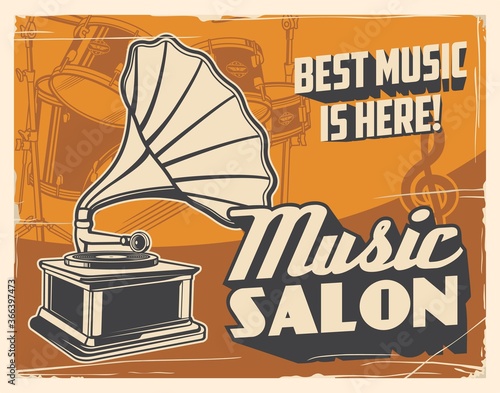 Retro gramophone and drum vector poster of music salon. Vinyl record player and percussion musical instrument with treble clef grunge design of music shop or club party promotion