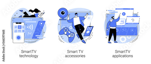 Internet television abstract concept vector illustration set. SmartTV technology, accessories and applications, online streaming, home cinema, 4k video, download software app abstract metaphor.