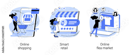 E-commerce platform abstract concept vector illustration set. Online shopping, smart retail, online flea market, internet store, mobile application, digital product catalog, auction abstract metaphor.