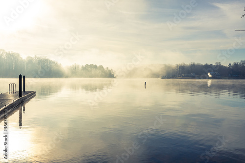 sunrise, fog, lake, clouds, water, reflections, peaceful, relaxing, nature, sun, 