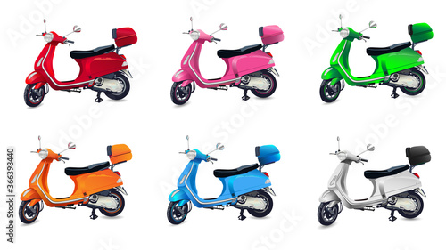 Red, orange, white, blue, pink, green scooter on white background. Vector illustration.