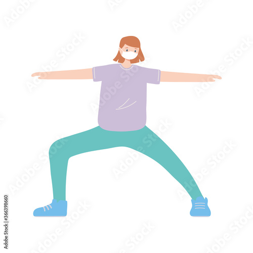 young woman with medical mask practicing exercise, prevention coronavirus covid 19
