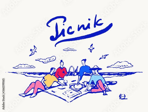Happy friends beach picnic sea hand drawn vector