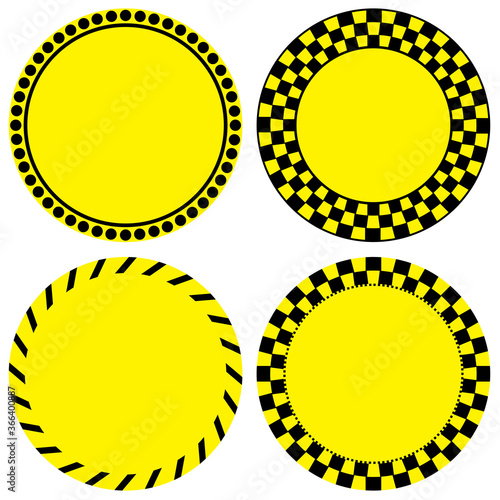 Set of four circular blank vector illustration of caution or notice stickers or labels in black and yellow color scheme on an isolated white background