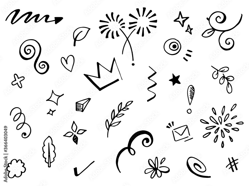 Hand drawn set elements.Abstract arrows, ribbons and other elements in hand drawn style for concept design. Doodle vector illustration