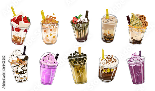  Bubble tea cup design collection, Pearl milk tea, Taiwan milk tea,Yummy drinks, coffees and soft drinks with doodle style set. - Vector