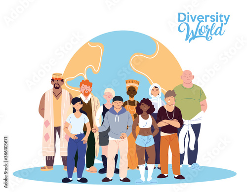 Women and men cartoons in front of world of cultural diversity vector design