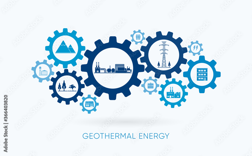 geothermal energy, geothermal power plant with gear icon geothermal energy, geothermal power plant with gear icon