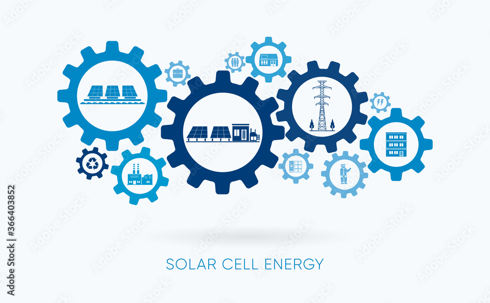 solar cell energy, solar cell power plant with gear icon solar cell energy, solar cell power plant with gear icon