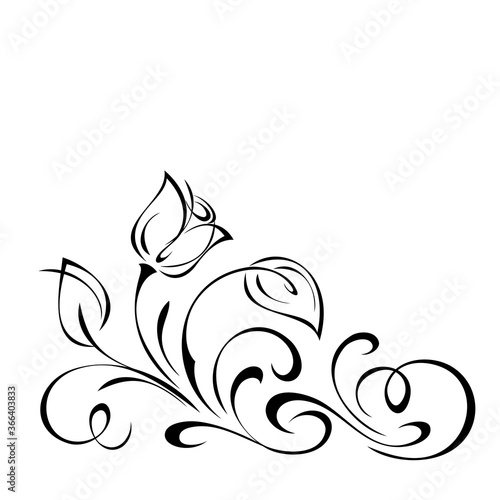 ornament 1241. decorative element with stylized bud, leaves and curls in black lines on a white background