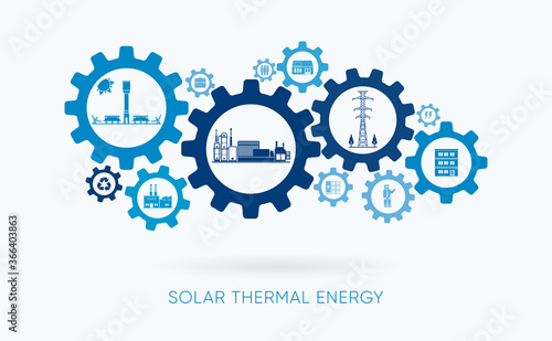 solar thermal energy, solar thermal  power plant with gear icon
