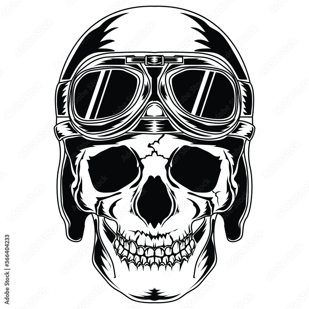tattoo and t-shirt design black and white hand drawn human skull with pilot  helmet premium vector Stock Vector | Adobe Stock