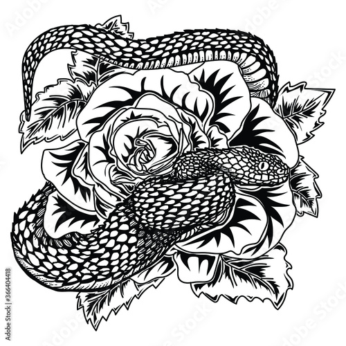 tattoo and t-shirt design black and white hand drawn rose with viper snake premium vector