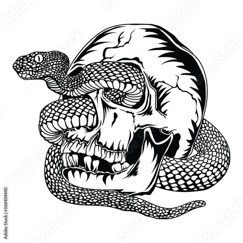 tattoo and t-shirt design black and white hand drawn human skull with viper snake premium vector